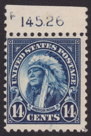 14¢ American Indian stamp with plate number 14526