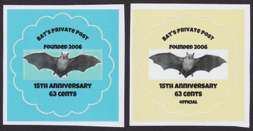 Two 63¢ Bat’s Private Post self-adhesive stamps picturing bats