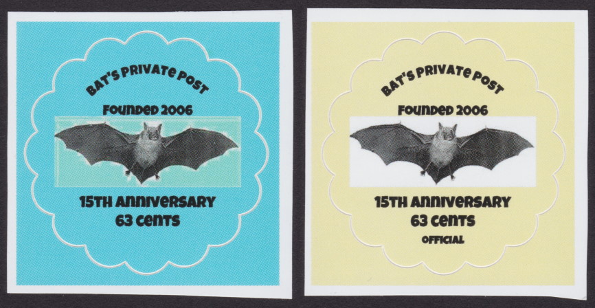Two 63¢ Bat’s Private Post self-adhesive stamps picturing bats