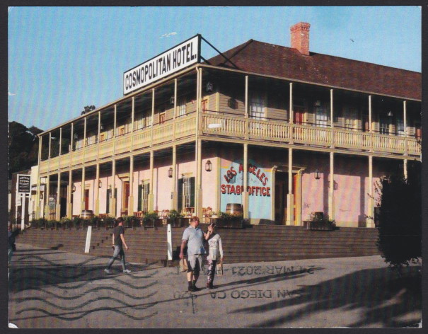 Front of 41¢ Bat’s Private Post postal card picturing Cosmopolitan Hotel in San Diego, California