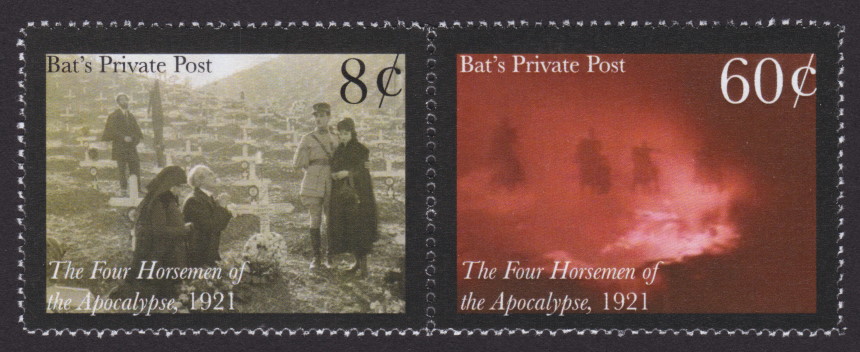 Bat’s Private Post 8¢ & 60¢ stamps depicting scenes from The Four Horsemen of the Apocalypse