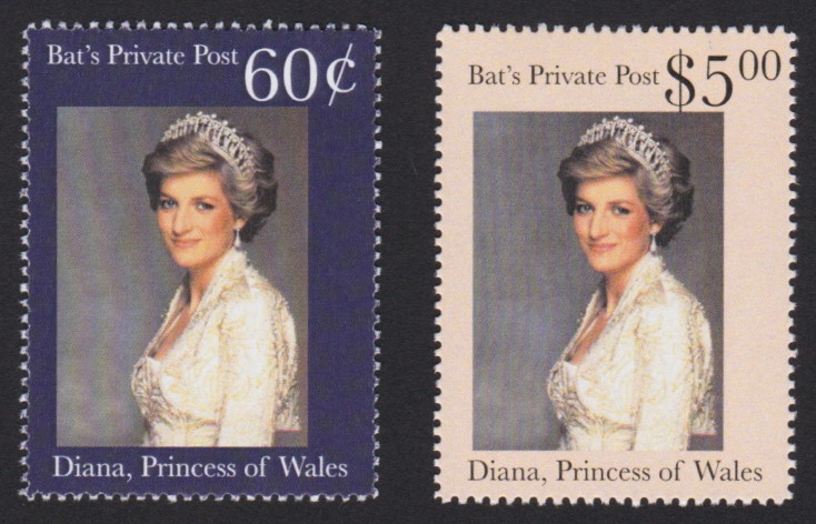 60¢ and $5 Bat’s Private Post Princess Diana stamps