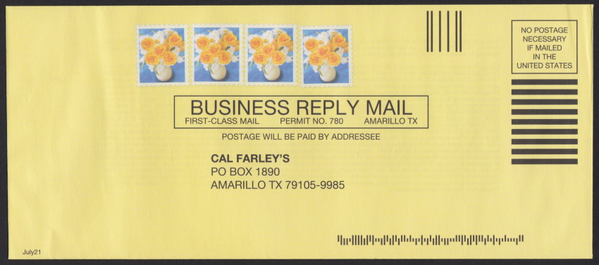 Cal Farley’s Boys Ranch business reply envelope with pre-printed stamp-sized images of yellow roses in a vase