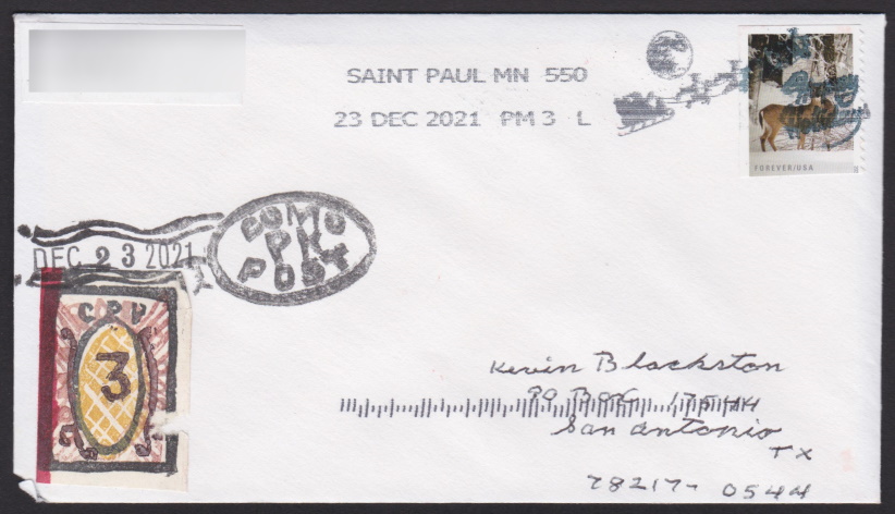 3-cent Como Park Post coil stamp with red edge on cover