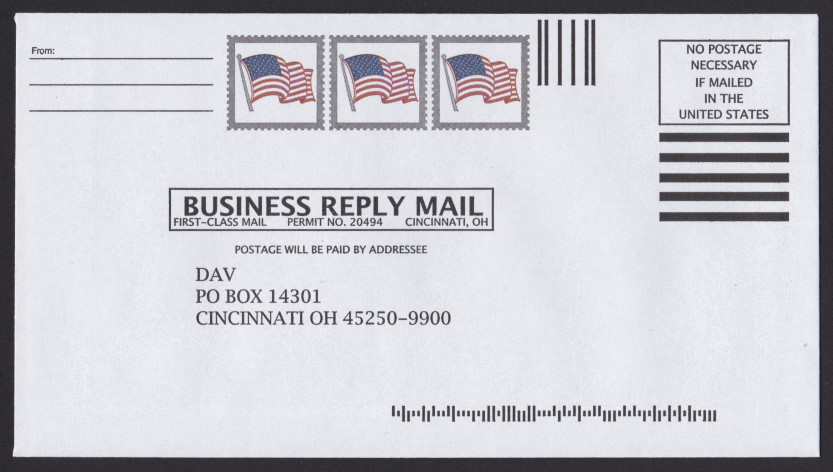 Disabled American Veterans business reply envelope with three pre-printed American flag “stamp” designs