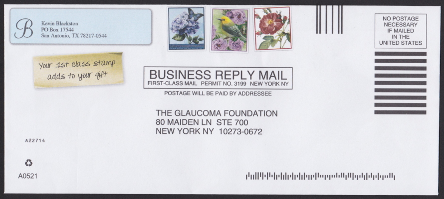 Business reply envelope bearing three pre-printed stamp-sized images