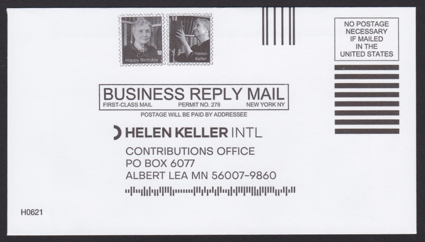 Helen Keller International business reply envelope bearing two pre-printed stamp-sized images