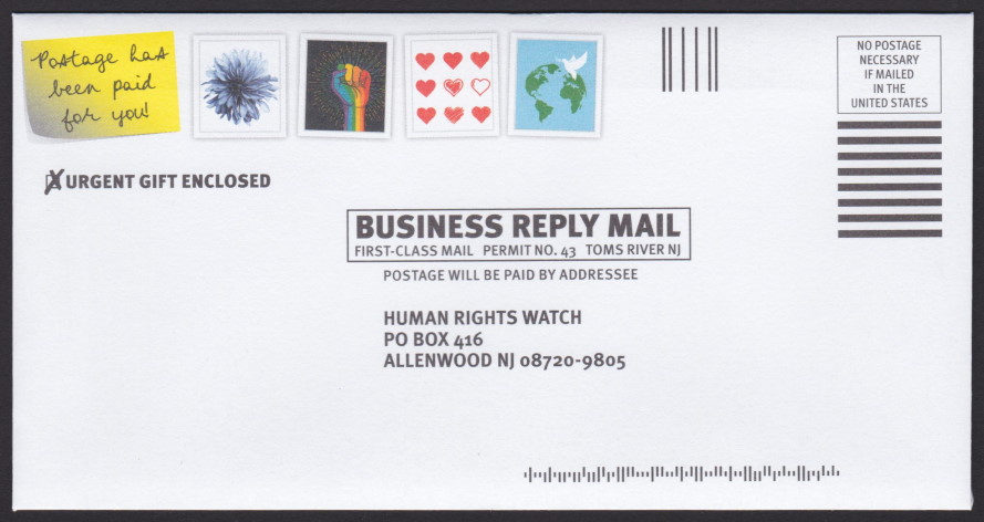 Human Rights Watch business reply envelope with preprinted stamp-sized artwork