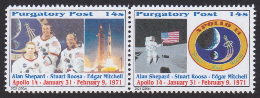 Pair of 14-sola Purgatory Post stamps commemorating Apollo 14