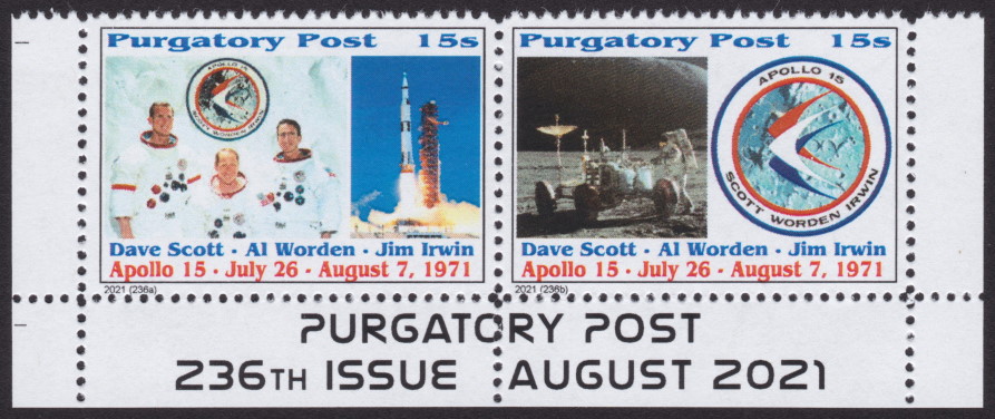 15-sola Purgatory Post stamps picturing Apollo 15 crew, spacecraft, and lunar rover