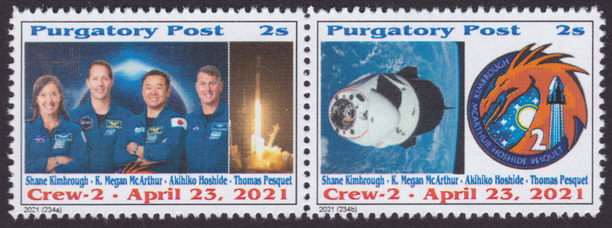 Pair of 2-sola Purgatory Post stamps commemorating SpaceX Crew-2 mission