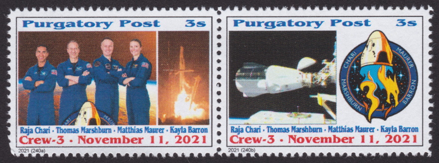 Pair of 3-sola Purgatory Post stamps commemorating SpaceX Crew-3 mission