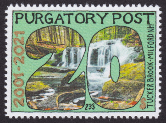 20-sola Purgatory Post stamp picturing Tucker Brook in Milford, New Hampshire