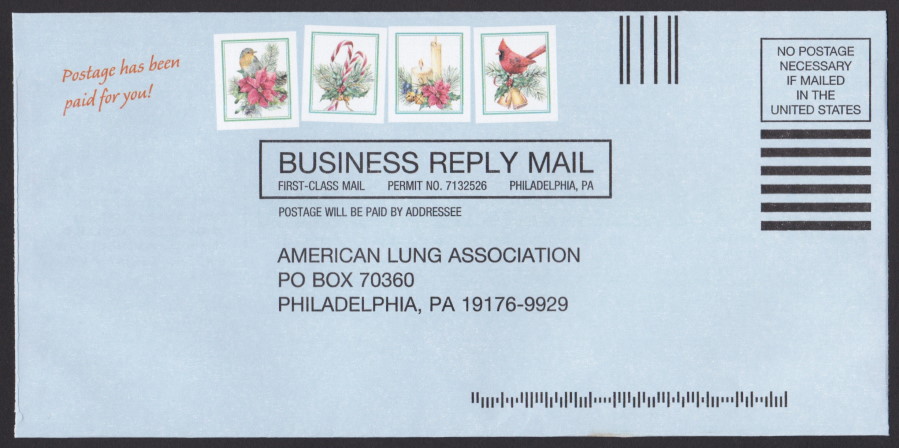 American Lung Association business reply envelope bearing four pre-printed Christmas-themed stamp-sized designs