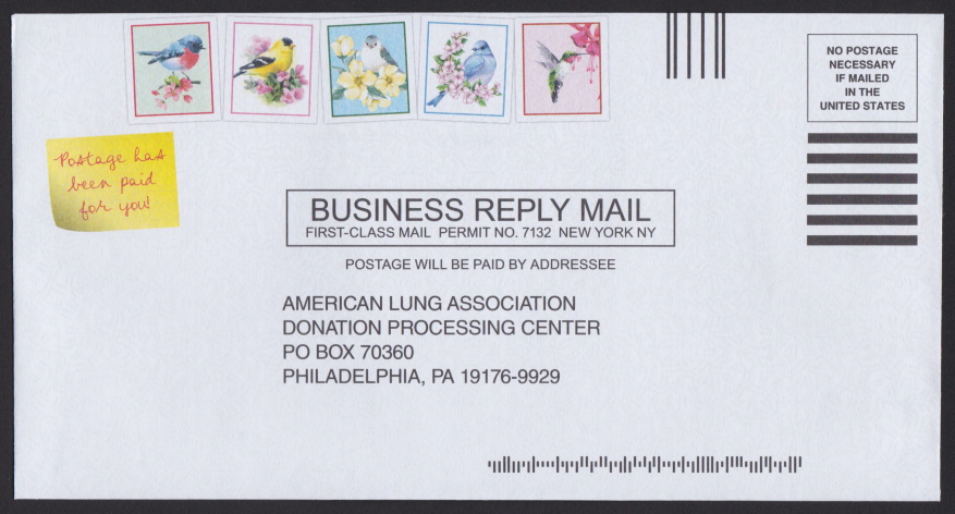 American Lung Association business reply envelope earing five stamp-sized bird and flower designs