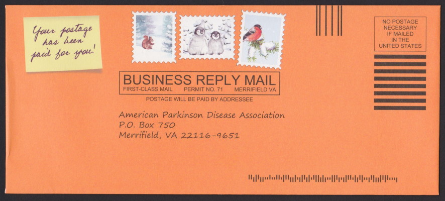 American Parkinson Disease Association business reply envelope with three preprinted stamp-sized images picturing animals