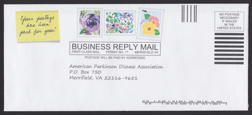 American Parkinson Disease Association business reply envelope with three preprinted stamp-sized images picturing flowers