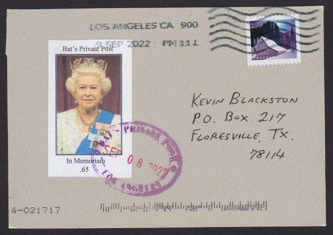 Bat’s Private Post Queen Elizabeth II memorial stamp on postcard