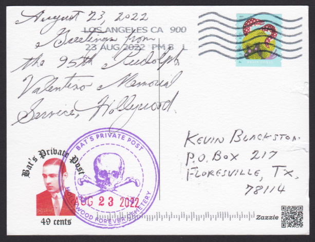 Bat’s Private Post 95th Rudolph Valentino Memorial Service postal card picturing Rudolph Valentino