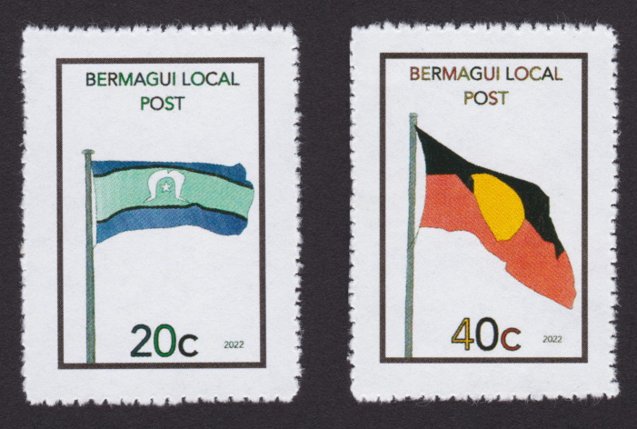 Bermagui Local Post 20¢ Torres Strait Islander Flag stamp and 40¢ Australian Aboriginal Flag stamp