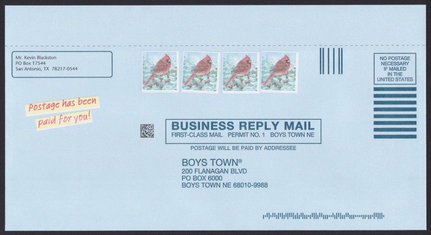Boys Town business reply envelope with four instances of a stamp-sized design picturing a cardinal