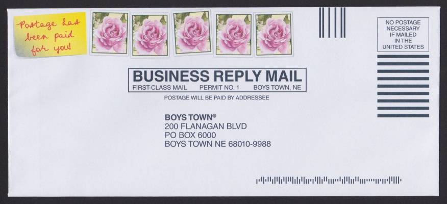 Boys Town business reply envelope bearing five copies of a stamp-sized design picturing a pink rose