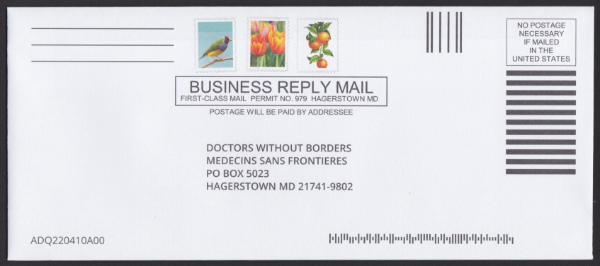 Doctors Without Borders business reply envelope bearing three stamp-sized designs picturing a bird, flowers, and fruit