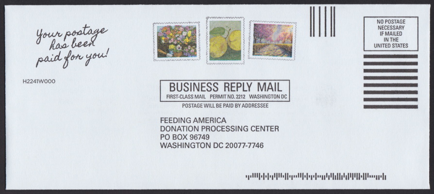 Feeding America business reply envelope bearing three stamp-sized designs picturing flowers, fruit, and a bush-lined path