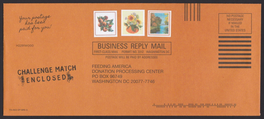 Feeding America business reply envelope bearing three stamp-sized designs picturing fruit, flowers, and a tree-lined stream or pond