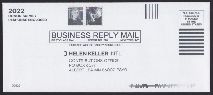 Helen Keller International business reply envelope with two preprinted stamp-sized images of Helen Keller