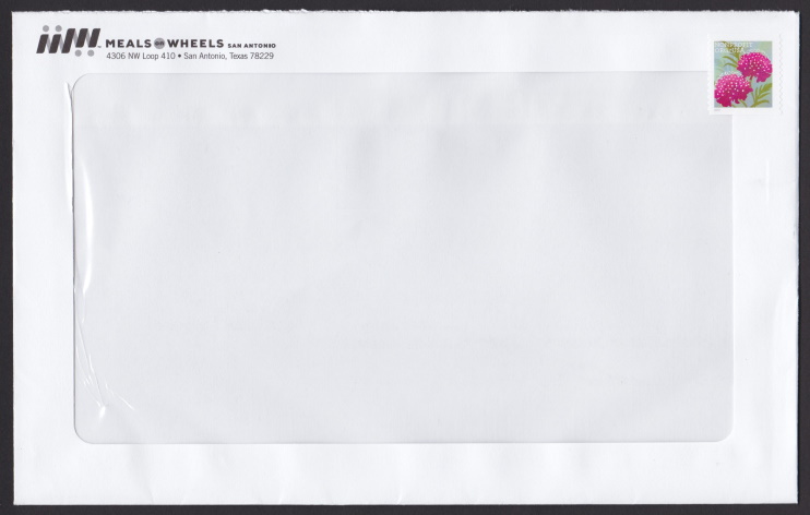 United States Nonprofit Scabiosas stamp on large envelope mailed by Meals on Wheels San Antonio