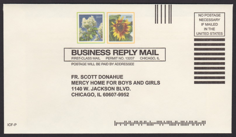 Mercy Home for Boys and Girls business reply envelope bearing two preprinted stamp-sized designs picturing flowers