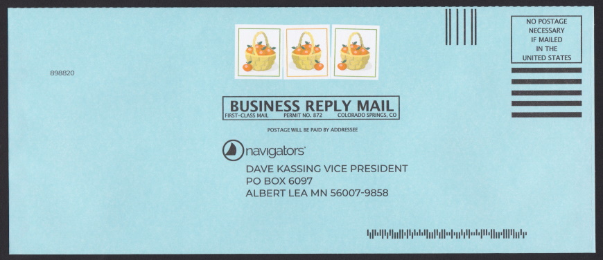 Navigators business reply envelope with three preprinted stamp-sized images picturing a basket of apples