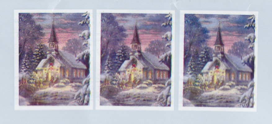 Pre-printed stamp-sized designs picturing a church on Navigators envelope