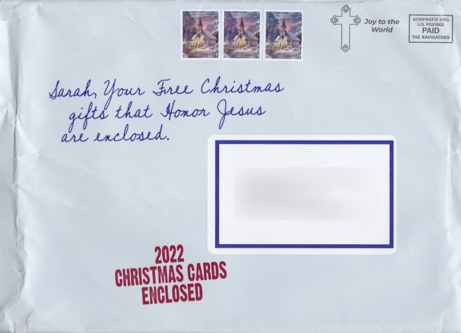 Navigators envelope bearing three pre-printed stamp-sized church designs