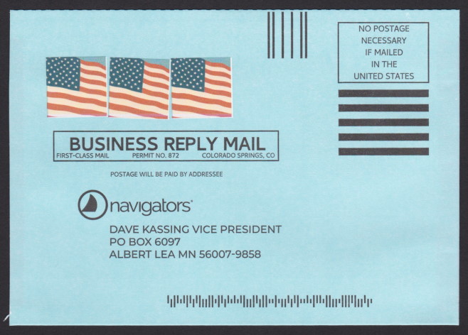 Navigators business reply envelope with three preprinted stamp-sized images picturing a United States flag