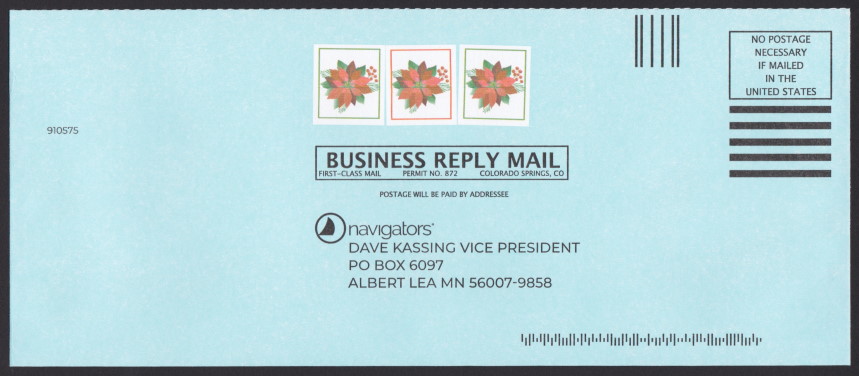 Navigators business reply envelope bearing three pre-printed stamp-sized poinsettia designs