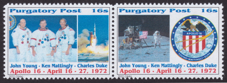 Purgatory Post 16-sola stamps picturing Apollo 16 astronauts, spacecraft, Apollo Lunar Module, and mission patch