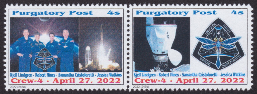 Purgatory Post 4-sola stamps picturing SpaceX Crew-4 astronauts, spacecraft, and mission patch