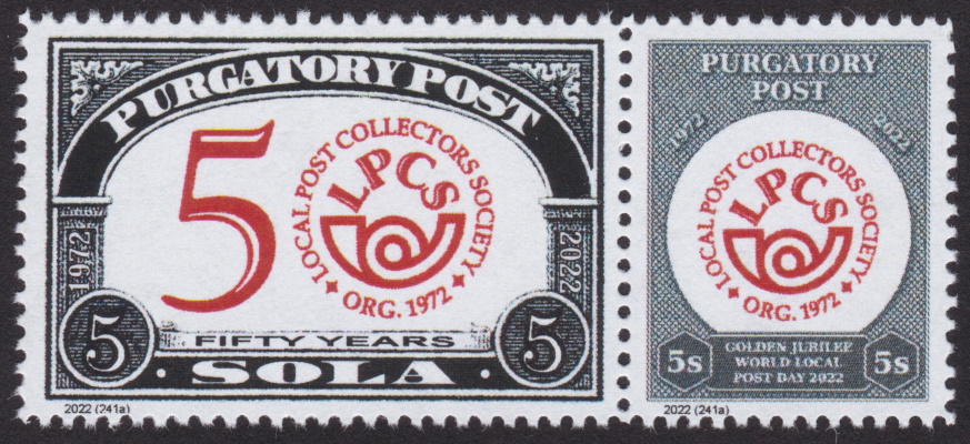 Pair of 5-sola Purgatory Post stamps commemorating Local Post Collectors Society’s 50th Anniversary