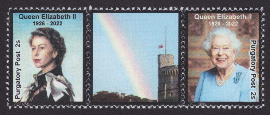 Pair of Purgatory Post 2-sola stamps picturing Queen Elizabeth II separated by label depicting rainbow over Windsor Castle
