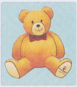 Closeup of stamp-sized image of teddy bear with Shriners Hospitals logo on foot