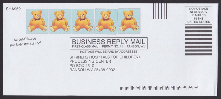 Shriners Hospitals for Children business reply envelope bearing five pre-printed stamp-sized designs picturing a teddy bear