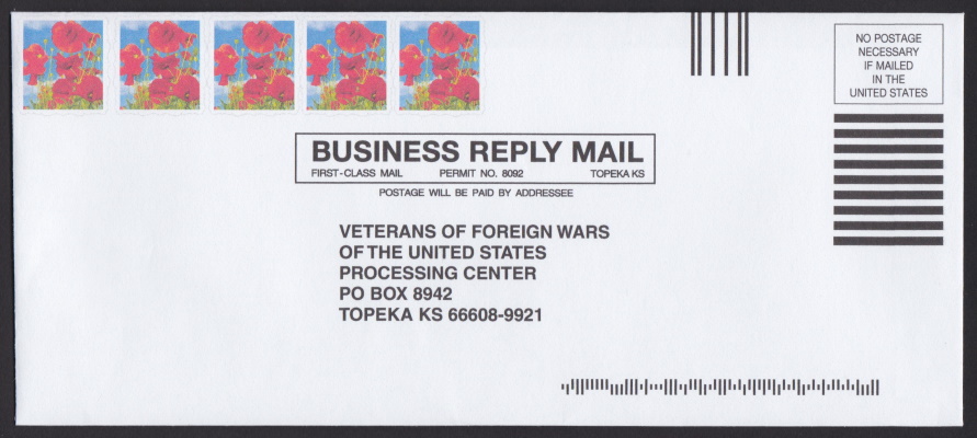 Veterans of Foreign Wars of the United States business reply envelope bearing five stamp-sized poppy designs