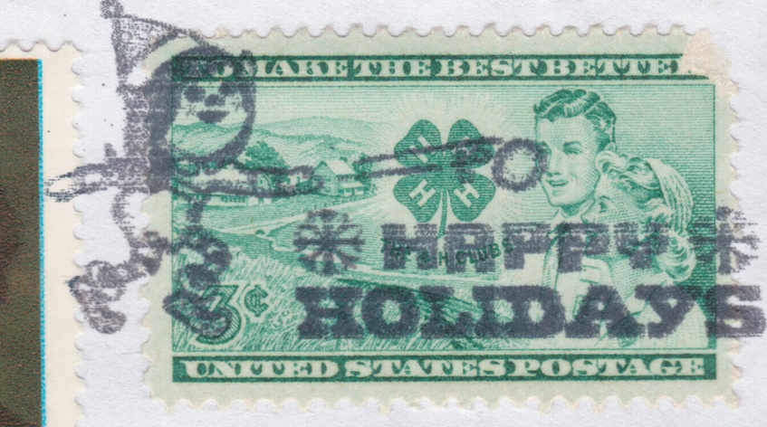 3¢ United States stamp honoring The 4-H Clubs with “Happy Holidays” cancellation