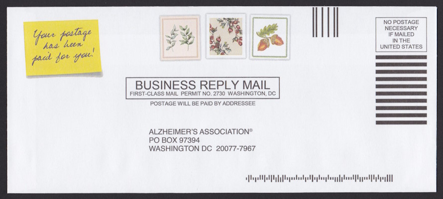 Alzheimer’s Association business reply envelope bearing three stamp-sized designs picturing leaves, berries, and acorns