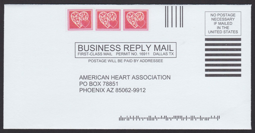 American Heart Association business reply envelope with three stamp-sized designs picturing hearts