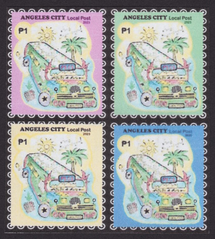 Block of four P1 Angeles City Local Post stamps picturing a bus