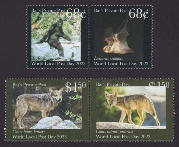68¢ and $1.50 Bat’s Private Post stamps picturing Bigfoot, Hawaiian hoary bat, Mexican wolf, and Mearns’s coyote