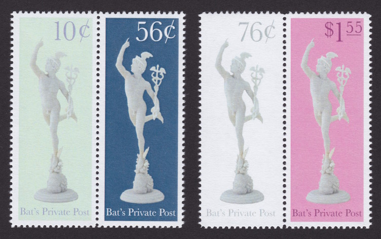 10#162;, 56¢, 76¢, & $1.55 Bat’s Private Post stamps picturing sculpture of Hermes